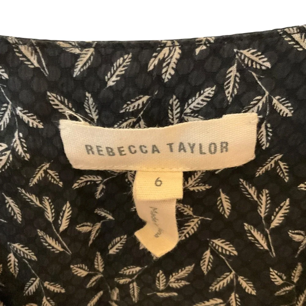 Rebecca Taylor Silk Tiered Mini Dress Black White Leaf Feminine‎ Print Size 6